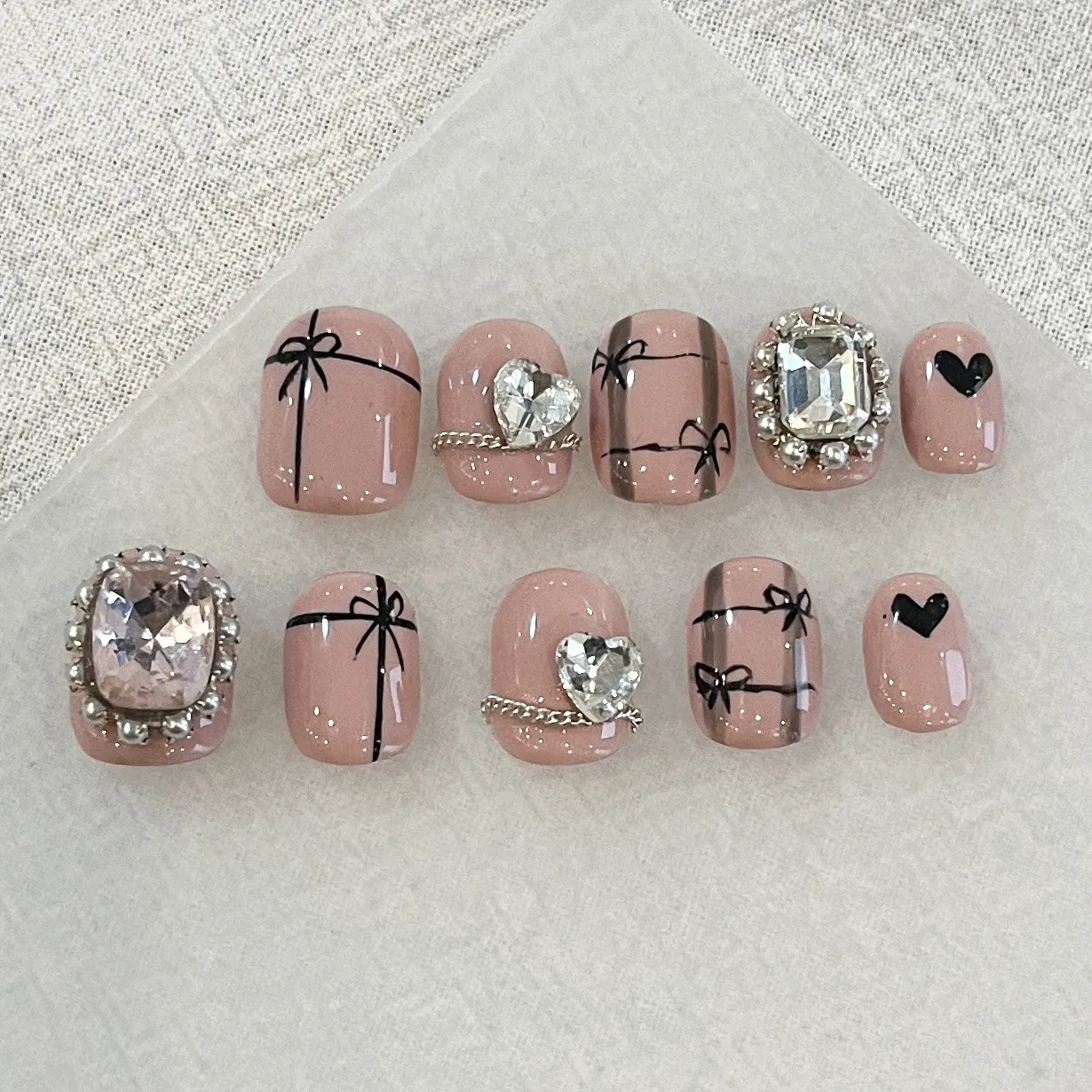 Square Lovely Pink Nails Stripe Rhinestones Design Full Cover Handmade Wear Nails High Quality Press On Nails