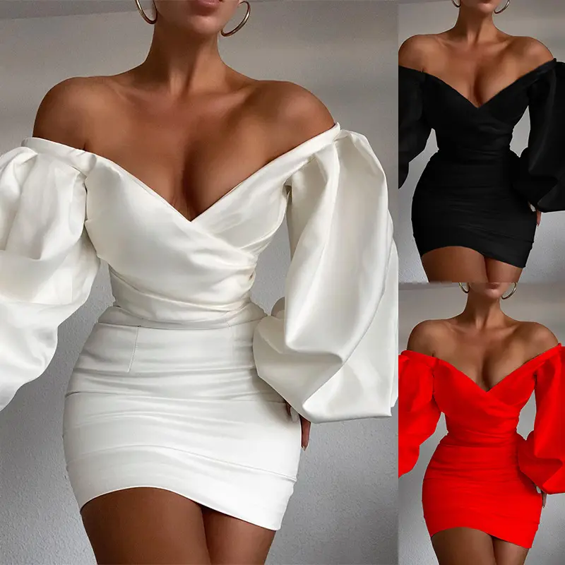 2022 New Arrivals Evening Dress with Long Sleeves White V neck Black Pencil Wrap Dress for Women