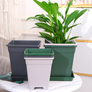 <b>Square</b> Resin Flower Pot With Tray Nordic Style For Indoor Plants Home Decor Green Dark Gray Off White - Product Image 1