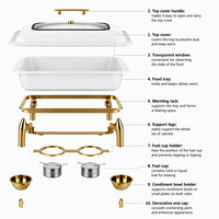 KUNTAI Réchaud de buffet rectangulaire de luxe en acier inoxydable martelé blanc, alimenté à l'alcool, 9L, hydraulique, A++ Énergie