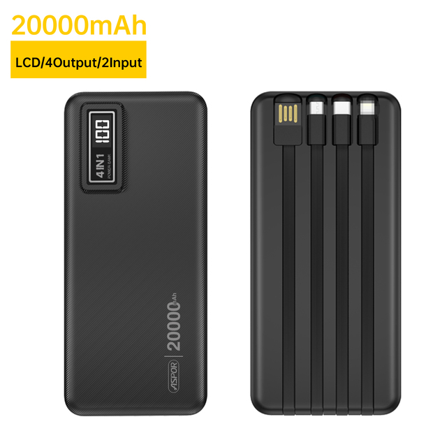 20000mAh for Power Bank A301 with Built-in 4 Cables LCD Digital Display 12W Output Li-Polymer Battery for Mobile Phones