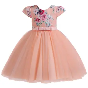 Summer New Short Sleeve Children's Clothing Beautiful Print Girls' Dress Fluffy Mesh Flower Children's Birthday Dress