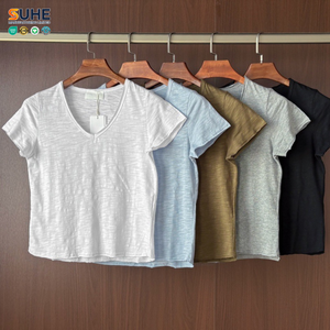 SUHE Custom All Seasons <b>White</b> 100% Cotton Washed V-Neck Loose Fit Short Sleeve Embroidery Casual Women's T-Shirt Anti-Shrink - Product Image 4