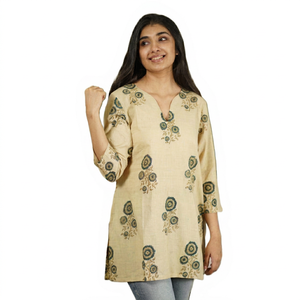 Beige Discharge Printed Cotton Women's Regular Fit Regular Length Modern Casual Summer Kurta India Pakistan Style Sun Protection - Product Image 1
