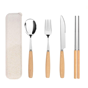 Durable Wooden Handle Cutlery Set Eco Friendly Stainless Steel Fork Knife Spoon With Case