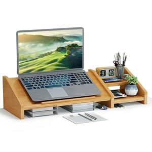Bambus Laptopständer für Schreibtisch 3 Höhen hölzerner einstellbarer Notizbuchständer Computermonitor Riser Bambus mit 2 Stufen Ablagefach - Product Image 1