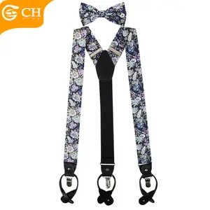 Custom Cotton Printing Fabric Floral Suspender And Bow Tie Set For Men