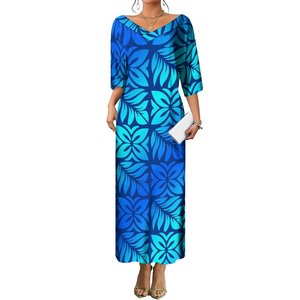 Robe longue maxi personnalisée pour <span class=keywords><strong>femme</strong></span>, style populaire, col en V, <span class=keywords><strong>rose</strong></span> vif et blanc, imprimé tribal polynésien, manches longues, style Asie-Pacifique - Product Image 4