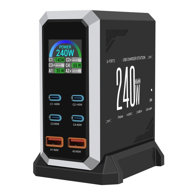 Factory Direct 240W GaN Desktop Charger 6-in-1 Multi USB C Fast Charging Station with Display for Laptop for Tablet for iPhone
