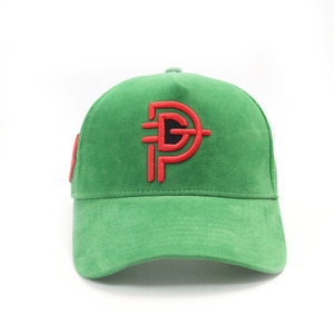 Haute qualité personnalisé 3D bouffée broderie maille Design Vintage couleur contraste cinq panneaux vert velours daim camionneur chapeau casquette - Product Image 2