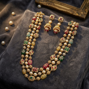 Conjunto de Collar de Perlas y Piedras Preciosas Multicolor de 3 Capas de Lujo, Aretes Jhumka, Chapado en Oro, Estilo Bohemio, Geométrico, Tradicional Indio - Product Image 3