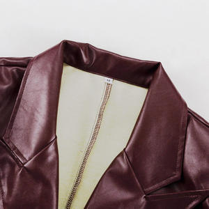 エニャミ シンプルファッション レディース バーガンディ PUコート トレンチ ストリートウェア ラペル エコレザーパンツ マキシ丈パンツ ジャケット 2点セット - Product Image 6