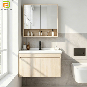 <span class=keywords><strong>Meuble</strong></span>-lavabo flottant moderne pour hôtel, vente en gros, armoire de rangement murale en contreplaqué avec miroir - Product Image 1