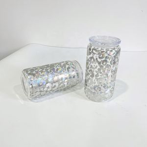 Holographic Shaped Drinkware Ready to Ship 16Oz Leopard Clear Glass Can With <b>Plastic</b> Lid - Product Image 2