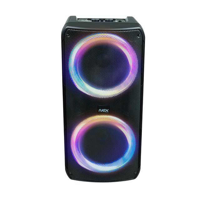 Outdoor Party Karaoke Subwoofer Speaker Dual 10" RGB LED Plastic for AUX/USB Built-in Mic Remote Control Battery Powered