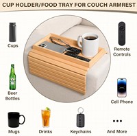 Bandeja Plegable para Sofá de Bambú, Mesa para Apoyabrazos de Sofá, Diseño Anticaídas, Contenedor de Alimentos de un Solo Nivel, Portavasos para Aperitivos y Bebidas