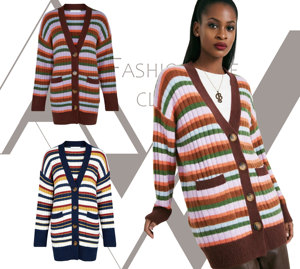 Cozy Rainbow Striped Cardigan Brown Contrast Trim V-Neck Button up Sweater Slouchy <strong>Longline</strong> Knit <strong>Jumper</strong> for Women Retro Style - Product Image 2