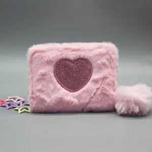 Promotion Gift RTS Heart Plush Coin Embroidered Pink Glitter Heart Purse Mini Pouch For Women Girls Wallet Zipper Card Holder