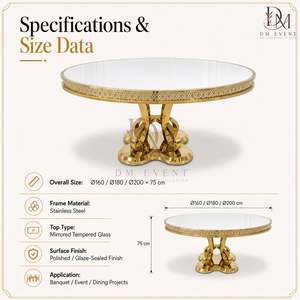 Table de banquet ronde pour hôtel, en acier inoxydable doré, avec base ornée et plateau en verre trempé miroir, vente en gros - Product Image 4