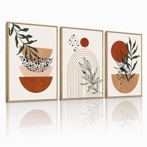 Trittico da Parete Botanico Boho in Terracotta con Cornice Dorata, Semicerchio <span class=keywords><strong>Sole</strong></span> Astratto, Disegno a Linee Foglia Verde, Decorazione Lussuosa Tonalità Terra - Product Image 2