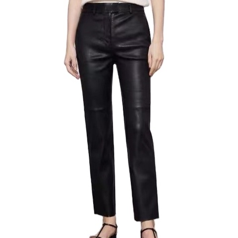 Hot Selling New Fashion Wholesale Black Leather Straight Leg Women Pants Spring Autumn