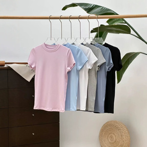 เสื้อยืดคอกลมทรงเข้ารูปสำหรับผู้หญิง ผ้าโมดอล/คอตตอน ระบายอากาศได้ดี ใส่สบายช่วงฤดูร้อน ยืดหยุ่นสูง ไหล่ตรง ทรงเข้ารูปด้านหลัง - Product Image 1