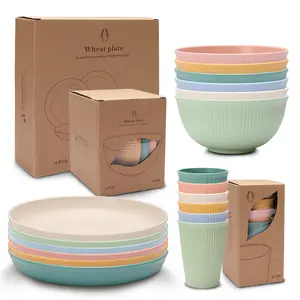 8 assiettes + 8 bols + 8 tasses/ensemble tige de blé ensemble de vaisselle en plastique salade de fruits plats de tous les jours manger tasses bols assiettes ensembles