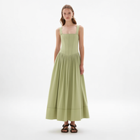 Nouvelle Robe Midi Femme Vert Sauge à Col Carré, Bretelles Larges, Corset Panélisé, Jupe Plissée Coupe Évasée, Vente en Gros Personnalisée