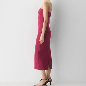 Burgundy Strapless Folded Detail Bodycon Fitted casual skirt Midi Dress Sexy Formal Cocktail Wear for Wedding & Evening Parties - Product Image 2