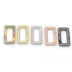 High Quality Gold Plating Fully Clear Micro Pave CZ Square Shape Carabiner Clasp For Pearl Necklaces