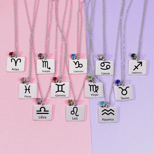 Collana con Ciondolo Quadrato Zodiacale in Acciaio Inossidabile con Pietra Portafortuna, Oroscopo Astrologia, Pietra di Compleanno per Regalo - Product Image 1