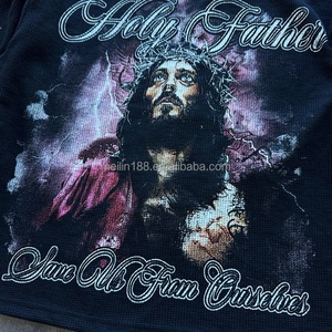 Chemises à manches longues en tricot gaufré surdimensionnées personnalisées, T-shirts imprimés à épaules tombantes pour hommes, tricot gaufré thermique à manches longues - Product Image 4