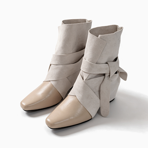 Stivaletti da Donna Autunnali alla Moda OEM ODM, in Camoscio <span class=keywords><strong>Beige</strong></span>, Punta Quadrata, Tacco Nascosto 6CM, Cinturino Avvolgente, Logo Personalizzato, Basso MOQ - Product Image 1