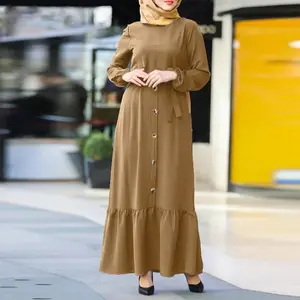 Plus Size Midden-oosten Vrouwen Jurk Arabisch Iislamic Vrouw Lange Effen Colormodest Muslimah Ruches Elegante Moslim Jurken