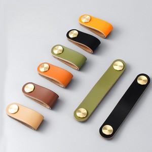 Genuine Leather Cabinet Pulls with Solid Brass Buttons Soft Anti-collision Drawer Handles for Wardrobe TV Cabinet Sideboard - Product Image 6