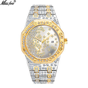 Men's 2025 Trendy Punk Hip-Hop <b>Watch</b> - Full Diamond Iced Out Gold-Tone <b>Waterproof</b> Calendar Quartz Fashion Timepiece - Product Image 3