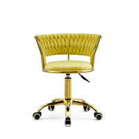 Chaise de salon de beauté en cuir PU de luxe avec dossier tressé, base dorée, hauteur réglable, pivotante et roulante, pour technicien de maquillage