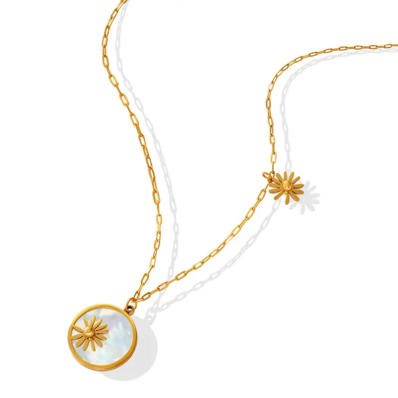 Fashion 18k Gold Plated Stainless Steel Daisy Flower Necklace With White Shell Inlay