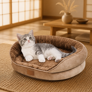 Fancie Ovales Katzenbett Khaki-Braun Wildleder-Samt Außenfläche Plüsch-Innenseite Tiefe Kissenauflage Abnehmbarer Waschbarer Bezug - Product Image 5
