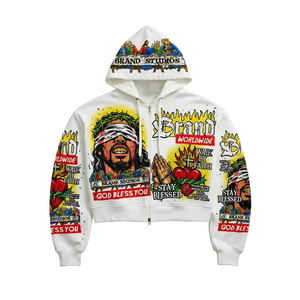 Men's Crop Hoodie <b>Zip</b>-<b>Up</b> Oversized Streetwear Print 100% Cotton Knitted Breathable Autumn <b>White</b> - Product Image 1