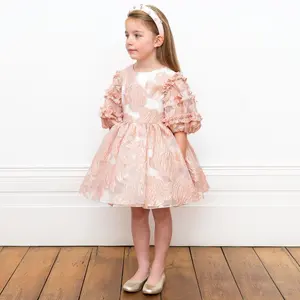 Custom kids clothes vendor pink organza dresses baby girl's birthday party dress