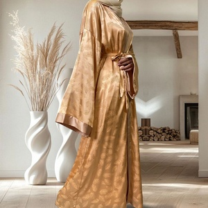 Super Sale 9.9USD Abaya Fashion Feather Print Smooth Satin Loose Cardigan Women Open Abaya <b>Kaftan</b> Islamic Clothing 1948# - Product Image 3