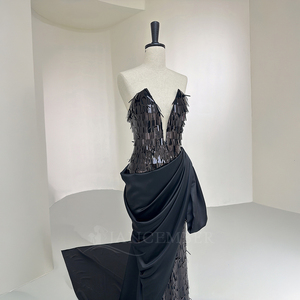 Vestido de noche de lujo con lentejuelas negras y flecos, escote en V profundo, estilo sirena, con cola de satén drapeada para mujer, Jancember. - Product Image 3