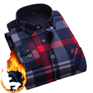 Autumn and winter men's warm long-sleeved shirt, stylish square collar plus velvet thick slim-fit plaid shirts