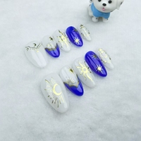 Seni kuku buatan tangan, desain Bintang berbentuk almond berwarna biru, berkualitas tinggi, dan dapat digunakan kembali.