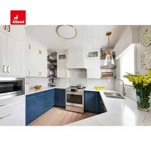 Allandcabinet Transitional style White and Blue Matte Lacquer Shaker Kitchen Cabinet with Quartz Countertop Glass Door Designs