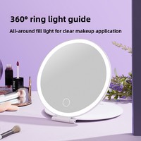 Miroir de maquillage portable pliable à cadre rond en plastique avec éclairage LED à 3 couleurs réglables, finition argentée simple face
