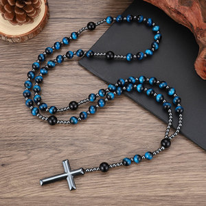 Pietra naturale smerigliato nero onice cattolico <span class=keywords><strong>rosario</strong></span> collane con croce di ematite ciondolo uomini collana di meditazione gioielli - Product Image 5