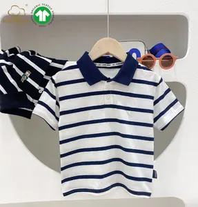GOTS certify 100% pamuk yaz şort kollu klasik beyaz mavi çizgili Polo t-shirt çocuk Boy için