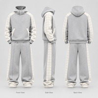 Ensemble de survêtement personnalisé pour homme avec sweat à capuche semi-boutonné, empiècements à motifs quadrillés, en molleton de coton, color block, 2 pièces, pour un style streetwear minimaliste